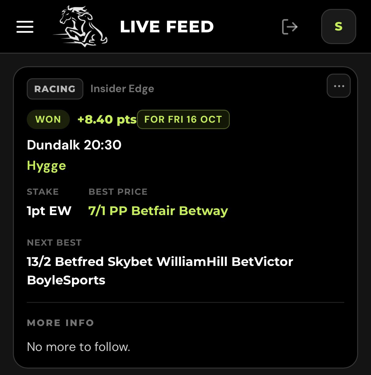 A racing tip in the Insider Edge Live Feed